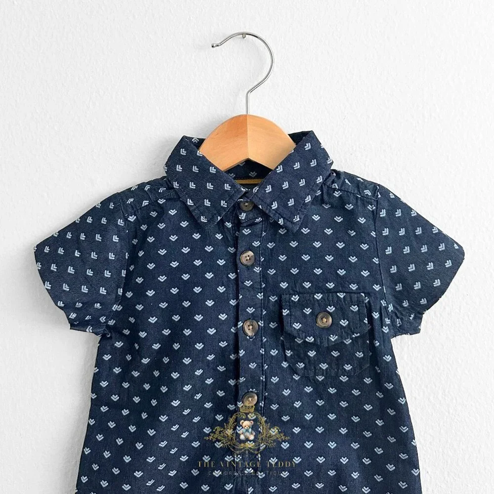 NWT Cute Boys Oxford Short Sleeve One-Piece Romper Shorts Navy Blue & White 9M - Picture 3 of 3